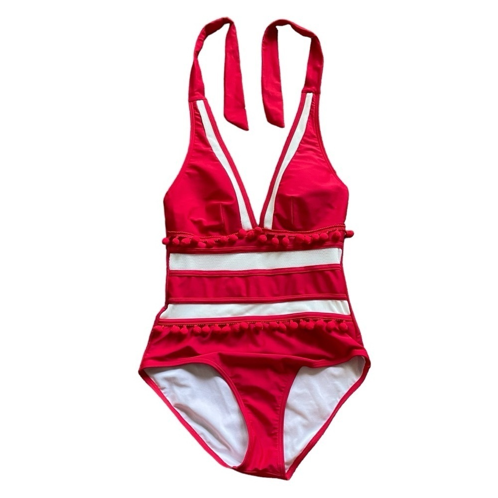 Red and White Plunging Neck Halter Mesh Pom Pom Tassel One Piece Swimsuit Size - Picture 4 of 11